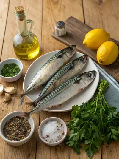 Fresh ingredients for a mackerel recipe on a kitchen table.