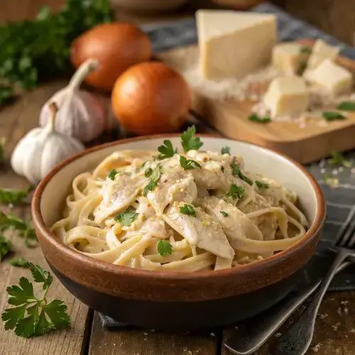 CROCKPOT CHICKEN ALFREDO PASTA served with fresh parsley on top.