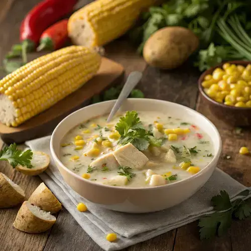 Creamy chicken corn chowder with fresh ingredients on a rustic table.