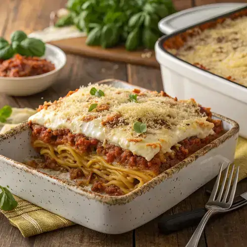 A close-up of Million Dollar Spaghetti, highlighting the cheesy layers and rich sauce.