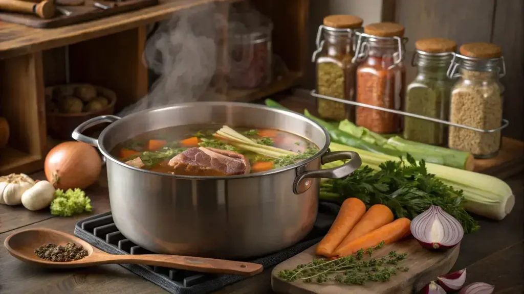 A pot of simmering bone broth with fresh vegetables and herbs in a rustic kitchen setting.
