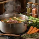 A pot of simmering bone broth with fresh vegetables and herbs in a rustic kitchen setting.