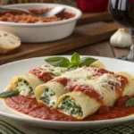 Delicious manicotti pasta shells filled with ricotta and topped with marinara sauce and melted cheese.