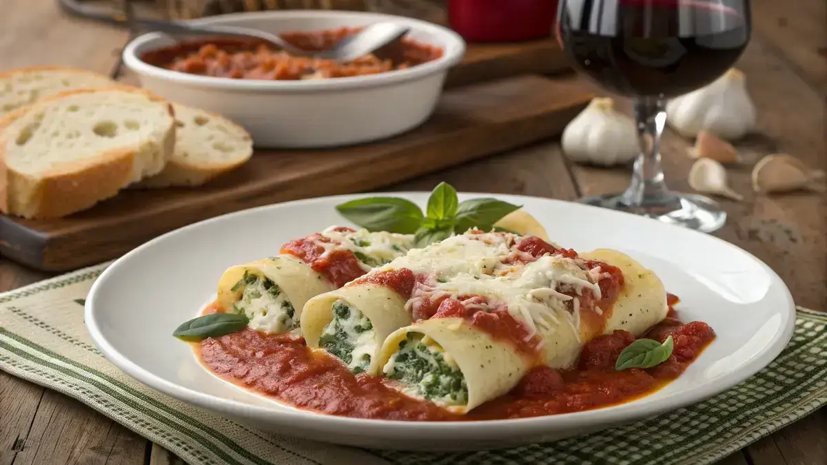 Delicious manicotti pasta shells filled with ricotta and topped with marinara sauce and melted cheese.
