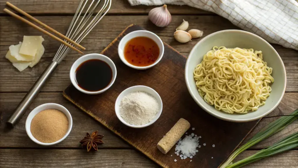 Ingredients for ramen seasoning displayed in small bowls with a whisk, alongside fresh ramen noodles and a bowl of broth.