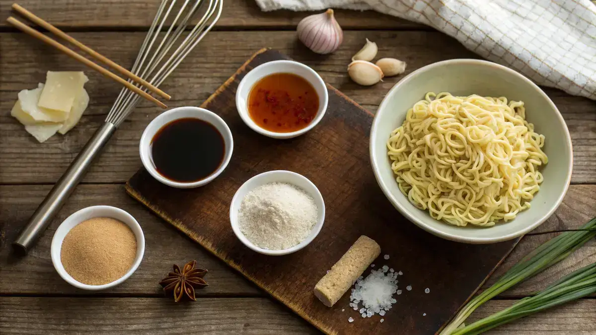 Ingredients for ramen seasoning displayed in small bowls with a whisk, alongside fresh ramen noodles and a bowl of broth.