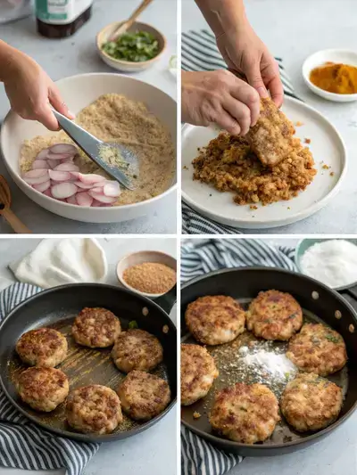 Step-by-step process of making grilled chicken patties, including mixing ingredients, shaping patties, and grilling.