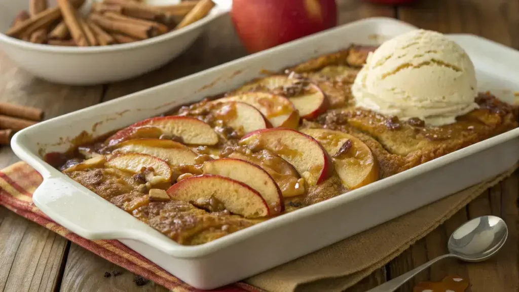 Delicious caramel apple dump cake with ice cream on a wooden table.