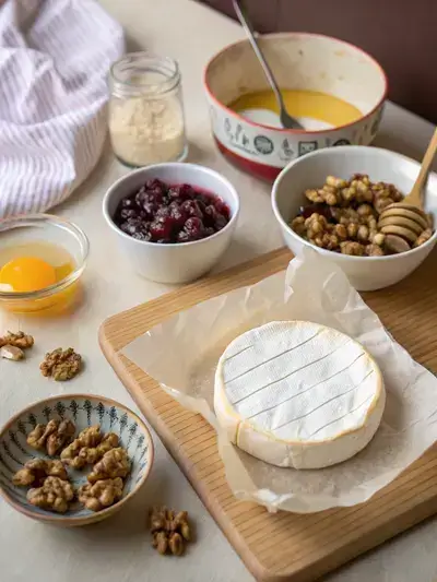 Ingredients for Baked Brie including Brie cheese, puff pastry, fruit preserves, and optional nuts and honey on a kitchen table.