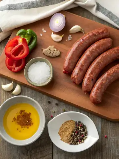 Ingredients for a beef smoked sausage dish displayed on a kitchen table.