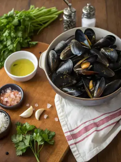 Fresh black mussels and ingredients on a kitchen table.