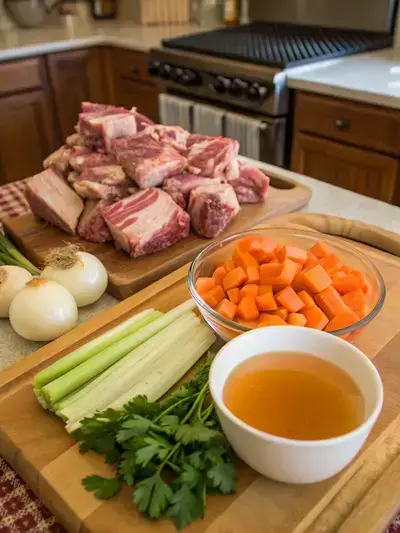 Fresh ingredients for a bone broth recipe displayed on a kitchen table.
