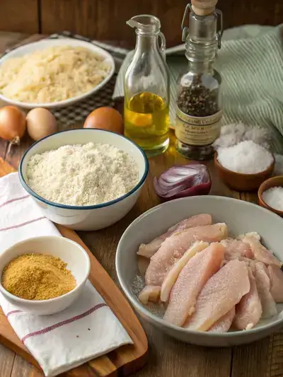 Ingredients for breaded chicken strips arranged on a kitchen table.