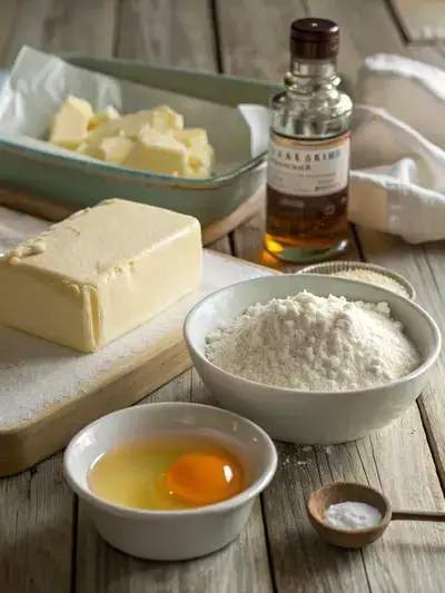 Ingredients for butter biscuits arranged on a rustic kitchen table, including butter, sugar, egg yolk, vanilla extract, flour, and salt.