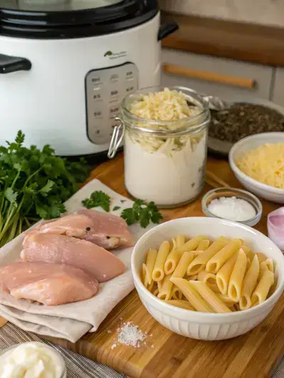 Ingredients for CROCKPOT CHICKEN ALFREDO PASTA displayed on a kitchen table.