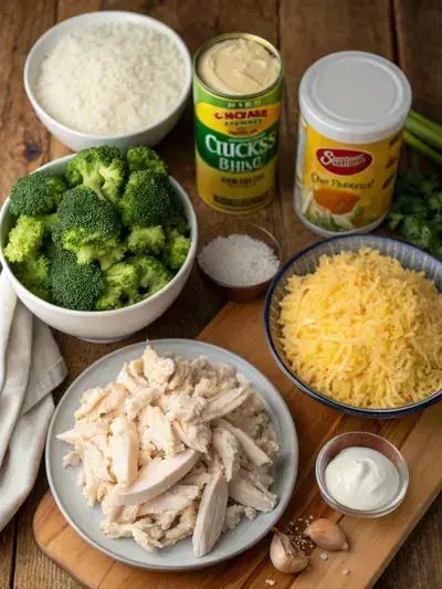 A variety of fresh ingredients for chicken broccoli rice casserole displayed on a kitchen table.