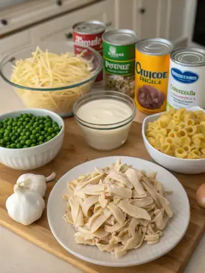 Ingredients for chicken noodle casserole displayed on a kitchen table, including egg noodles, shredded chicken, soups, sour cream, cheese, peas, onion, and garlic.