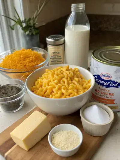 Ingredients for Crockpot Mac and Cheese displayed on a kitchen table.