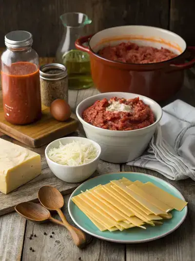 Ingredients for CROCKPOT LASAGNA displayed on a kitchen table, including ground beef, marinara sauce, cheese, and noodles.