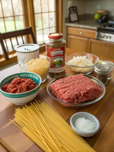Ingredients for CROCKPOT SPAGHETTI displayed on a kitchen table.