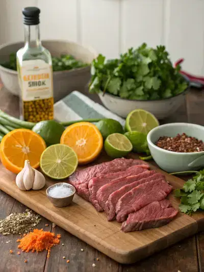 Fresh ingredients for carne asada displayed on a kitchen table.