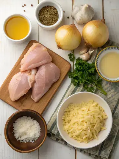 Ingredients for French onion chicken displayed on a kitchen table.