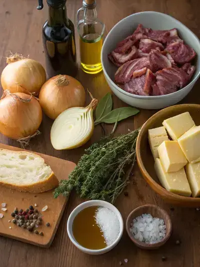 Ingredients for French onion soup displayed on a kitchen table.