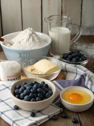 Ingredients for blueberry muffins displayed on a kitchen table with natural light.