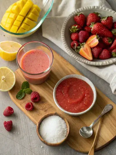 Ingredients for fruit roll ups displayed on a kitchen table with fresh fruits.