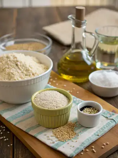 Ingredients for sesame crackers displayed on a wooden table, including flour, sesame seeds, salt, olive oil, and water.