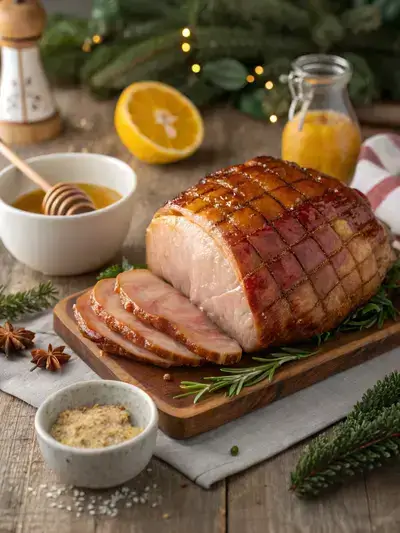 A beautifully arranged display of ingredients for honey baked ham on a kitchen table.