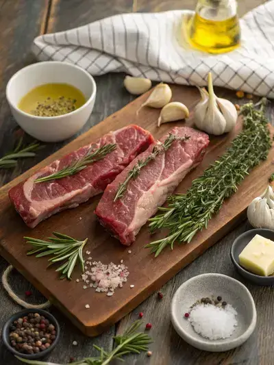 Ingredients for lamb tenderloin displayed on a kitchen table, including tenderloins, garlic, herbs, and seasonings.