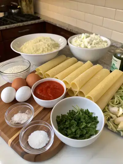 Ingredients for manicotti displayed on a kitchen table, including pasta shells, cheeses, herbs, and sauces.