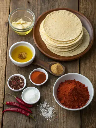 Ingredients for Mexican spicy chips displayed on a kitchen table, including corn tortillas, vegetable oil, and various spices.
