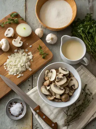 Fresh ingredients for mushroom bisque displayed on a kitchen table.