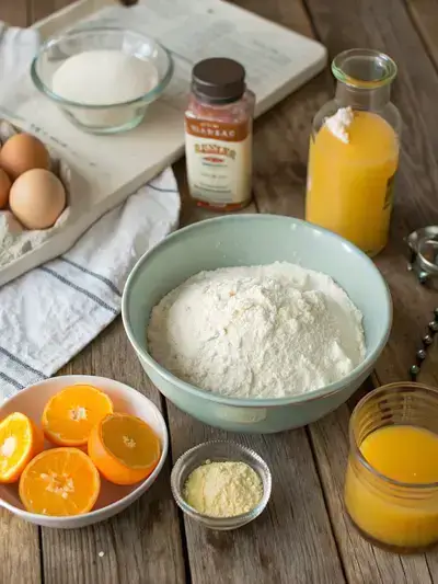 Ingredients for orange juice cake displayed on a kitchen table.