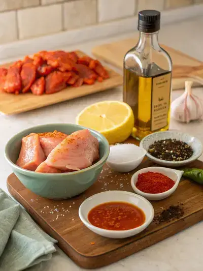 Ingredients for peri peri chicken displayed on a kitchen table.