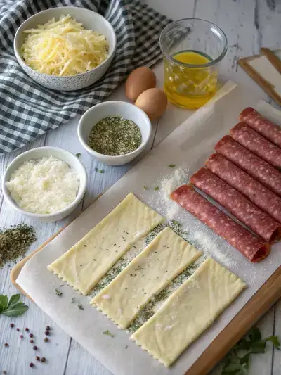 Ingredients for salami sticks displayed on a kitchen table.