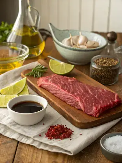 Ingredients for skirt steak displayed on a rustic kitchen table.