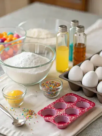 Ingredients for sugar Easter eggs displayed on a kitchen table.