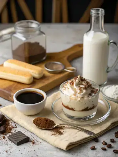 A collection of ingredients for tiramisu coffee, including brewed coffee, mascarpone cheese, cocoa powder, vanilla extract, sugar, milk, espresso, and ladyfinger crumbs.