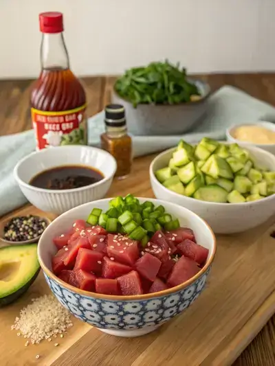Fresh ingredients for Yellowfin Poke displayed on a kitchen table.