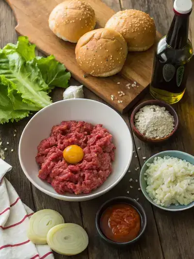 Fresh ingredients for elk burger preparation on a wooden kitchen table.