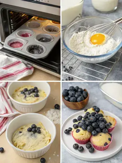 Step-by-step process of making blueberry muffin mix, showing preheating oven, mixing dry and wet ingredients, and folding in blueberries.
