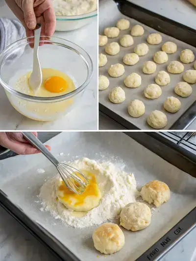 Step-by-step process of making butter biscuits, including preheating the oven, creaming butter and sugar, adding egg yolk and vanilla, shaping the dough, and baking.