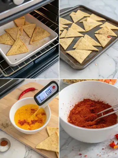 Step-by-step process of making Mexican spicy chips, including preheating the oven, cutting tortillas, coating with oil, and mixing spices.