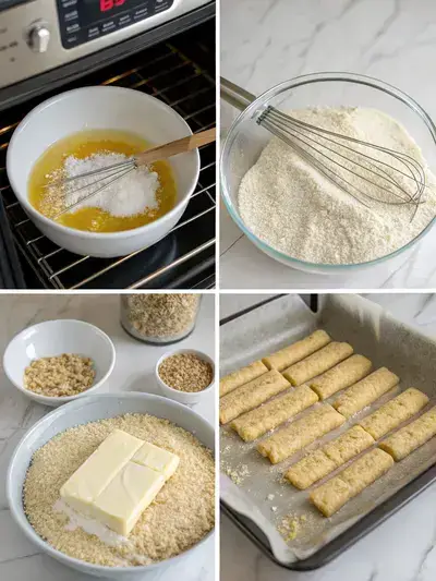 Step-by-step process of making sesame seed sticks, including preheating the oven, mixing dry ingredients, cutting in butter, and rolling out dough.