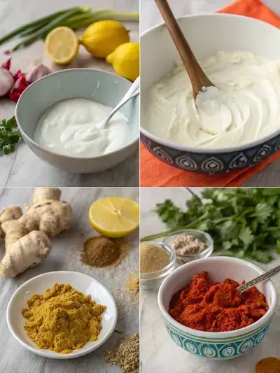 Step-by-step process of making tandoori paste with yogurt, spices, and lemon juice.