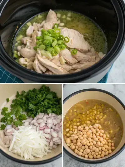 Step-by-step process of making white chicken chili in a crockpot, showcasing ingredients and final dish.