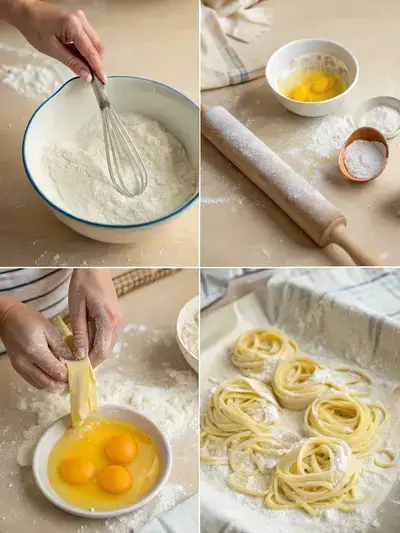 Step-by-step process of making wide egg noodles, including combining ingredients, mixing dough, kneading, and rolling out the dough.